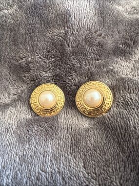 Givenchy Vintage Greek Key Logo Clip Earrings.